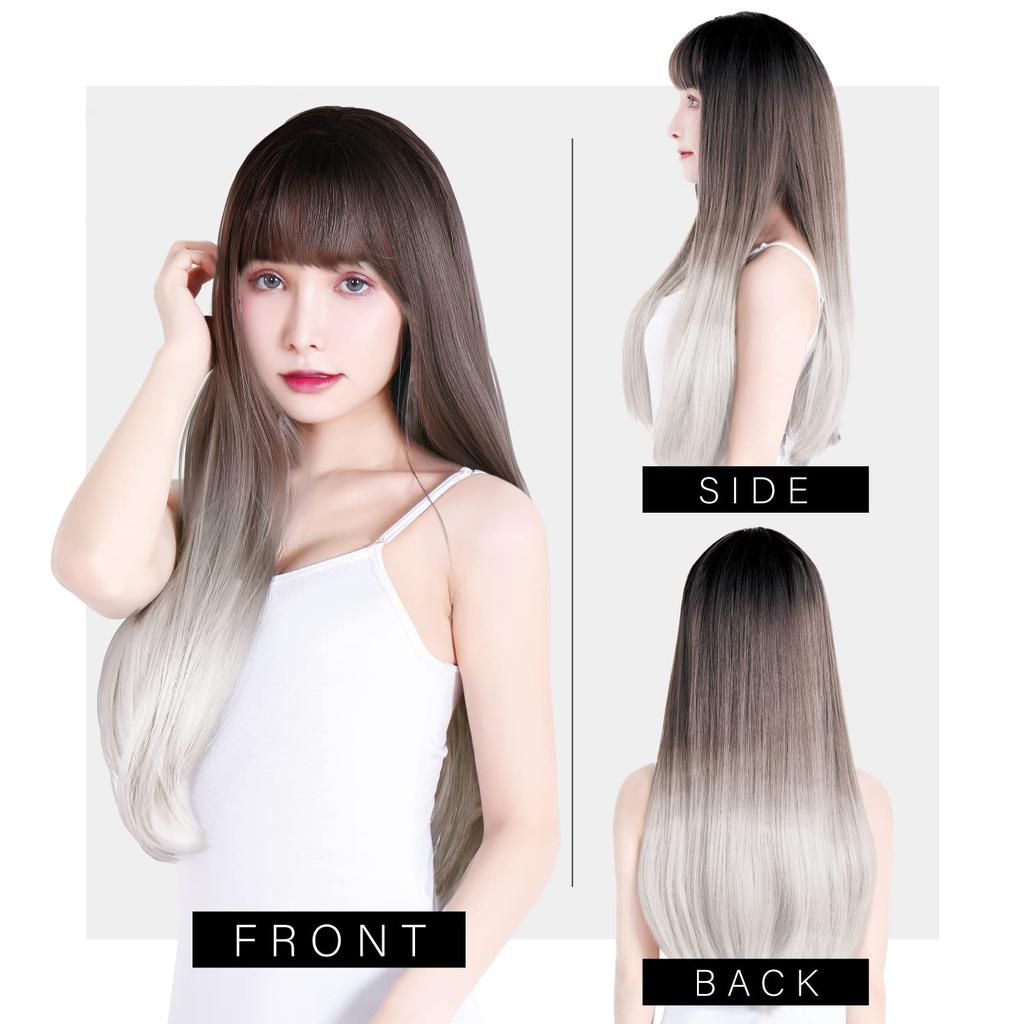 Wig Full Wig Long Straight Wig Natural Gradient Wig Net Included MODE Long Straight Black x White Ash [TefuRe] Semi-Long C-8211BLK-WHT-A