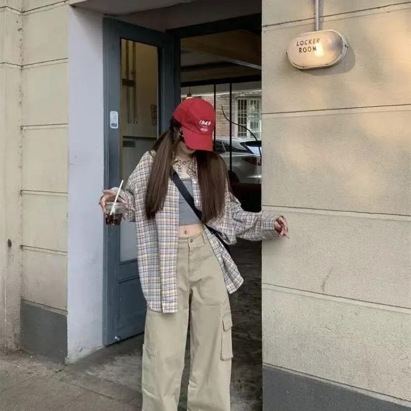 Brown Plaid Oversized Long Sleeve Shirt Casual Button Down Blouse Daily Fashion Wear Women