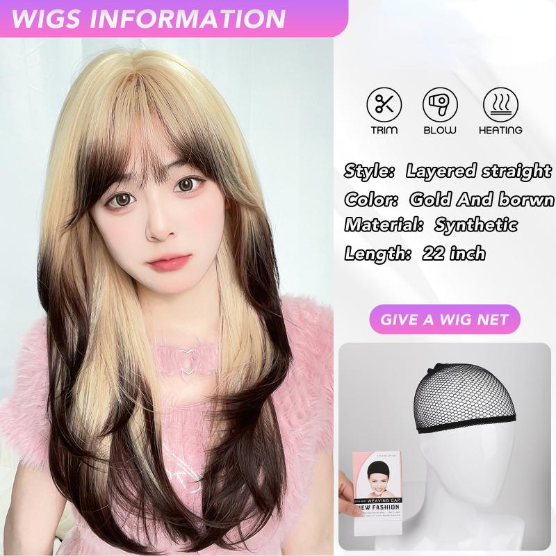 22 Inch Blonde Straight Bangs Wig Fiber Synthetic Wig Heat-resistant Non-Glare Natural Cosplay Hairpiece For Women Daily Korean Fashion
