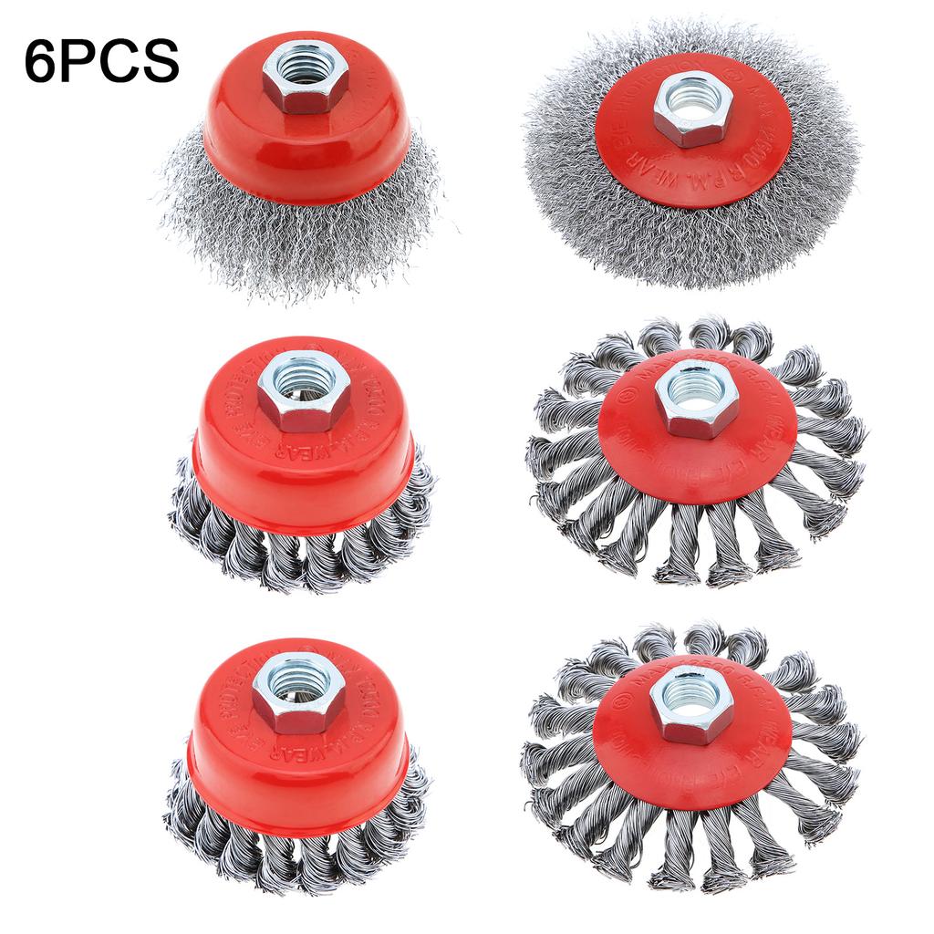 4PCS/6PCS Wire Brush Wheel Cup Brush Set Carbon Steel Wire Brushes for 5/8" 11UNC Angle Grinder Knot Deburring Remove Rust Met