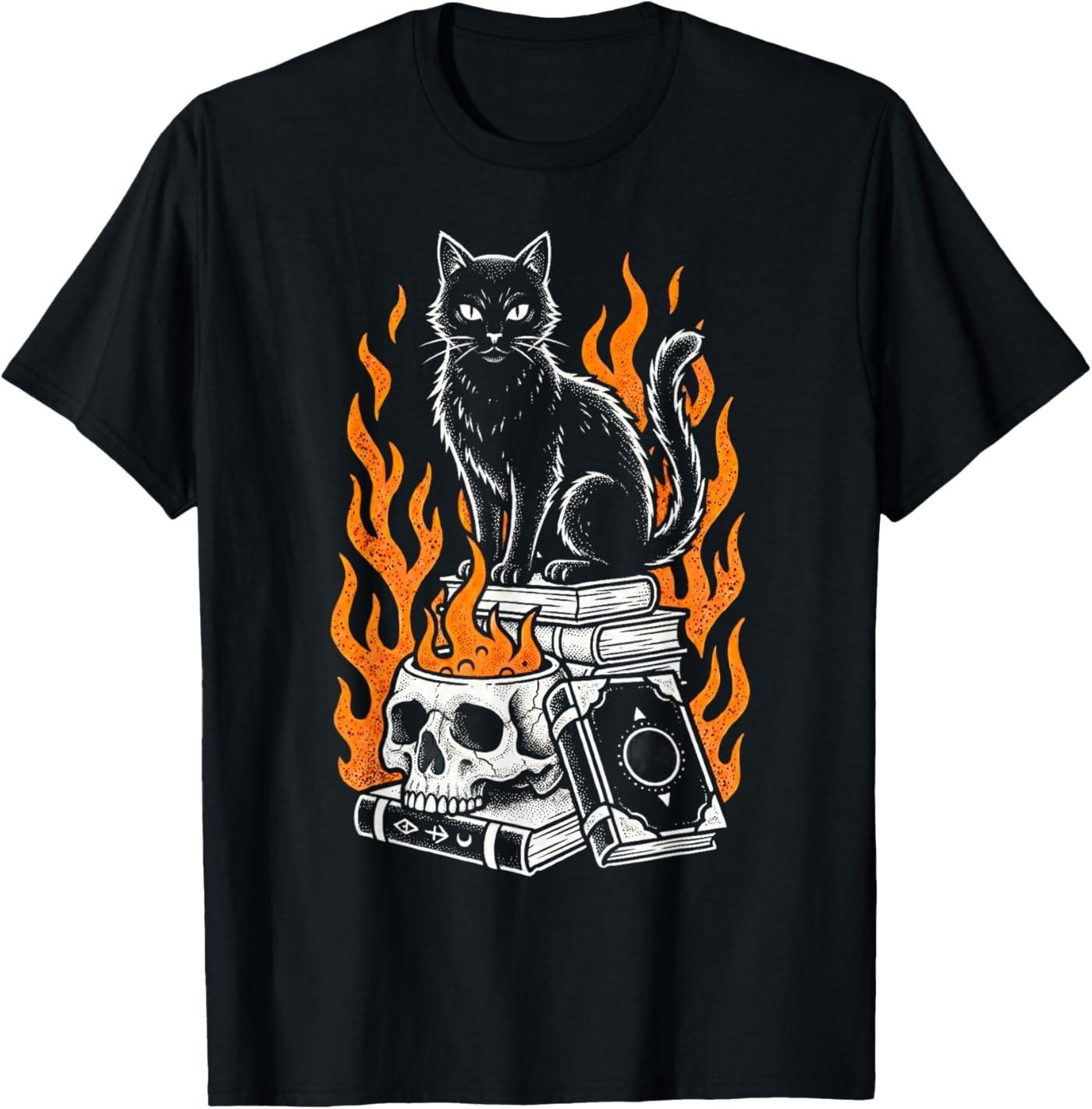 Witchy Creepy Goth Cat Skull Flames Occult Magic Books T-Shirt S разноцветный