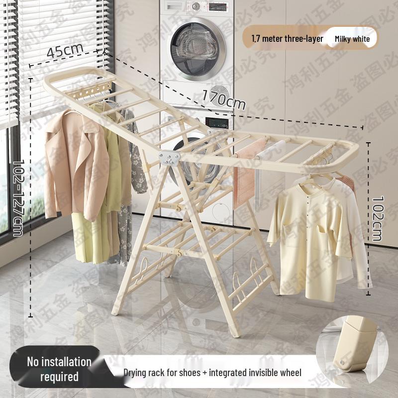 Folding Floor-Standing Clothes Drying Rack for Household, Bedroom, Balcony, Indoor Use - Ideal for Baby Clothes and Quilts.