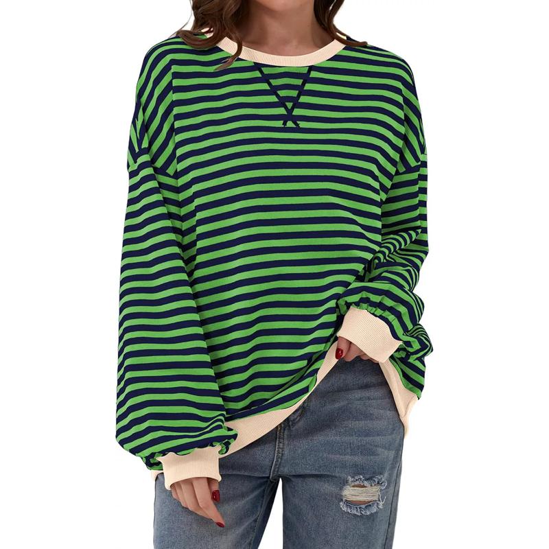 Autumn Winter Casual Loose Women's Cotton Sweatshirts Striped Pattern Crew Neck Full Sleeve Sports Hoodie