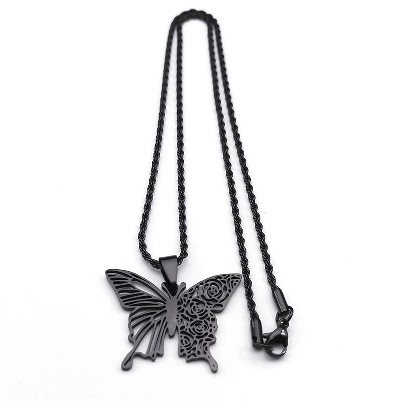 Gothic Black Butterfly Hollow Pendant Necklace for Women Men Stainless Steel Carving Flower Rose Insect Necklaces Jewelry N6121