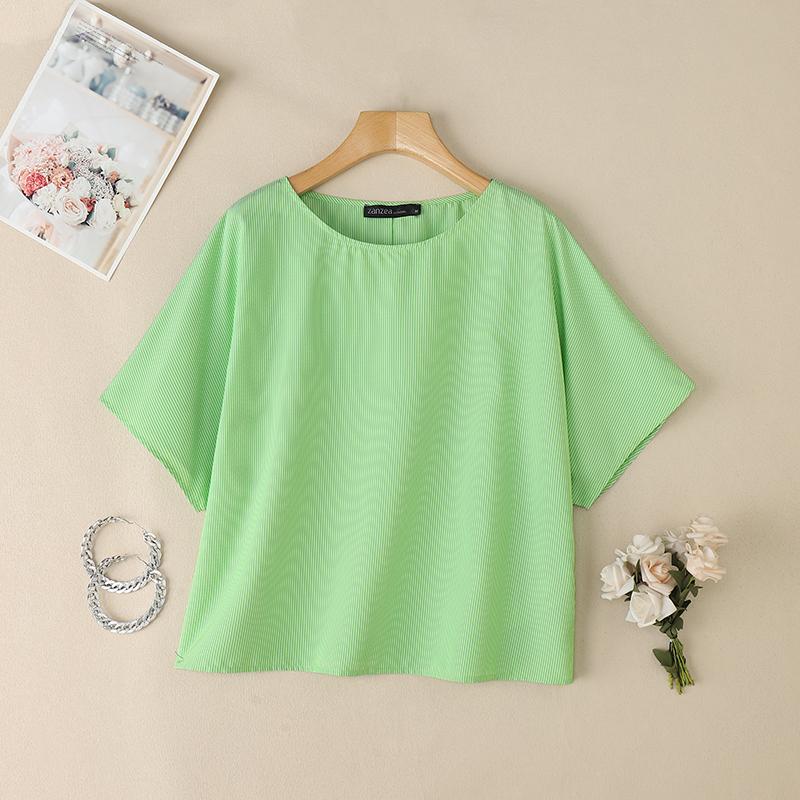 

ZANZEA Women Casual O-neck Loose Half Sleeve Stripe Blouse 3XL зелений