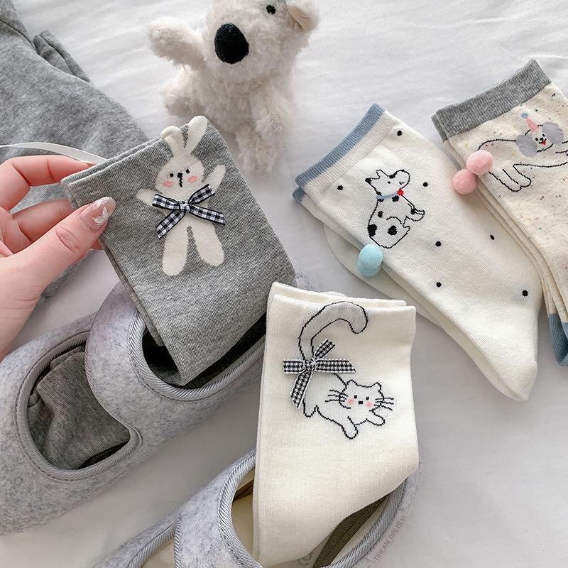 Summer Bow Cute Mid-tube Socks for Women 3D Cartoon Puppy Boneless Pile Socks Thin Mid-tube Socks