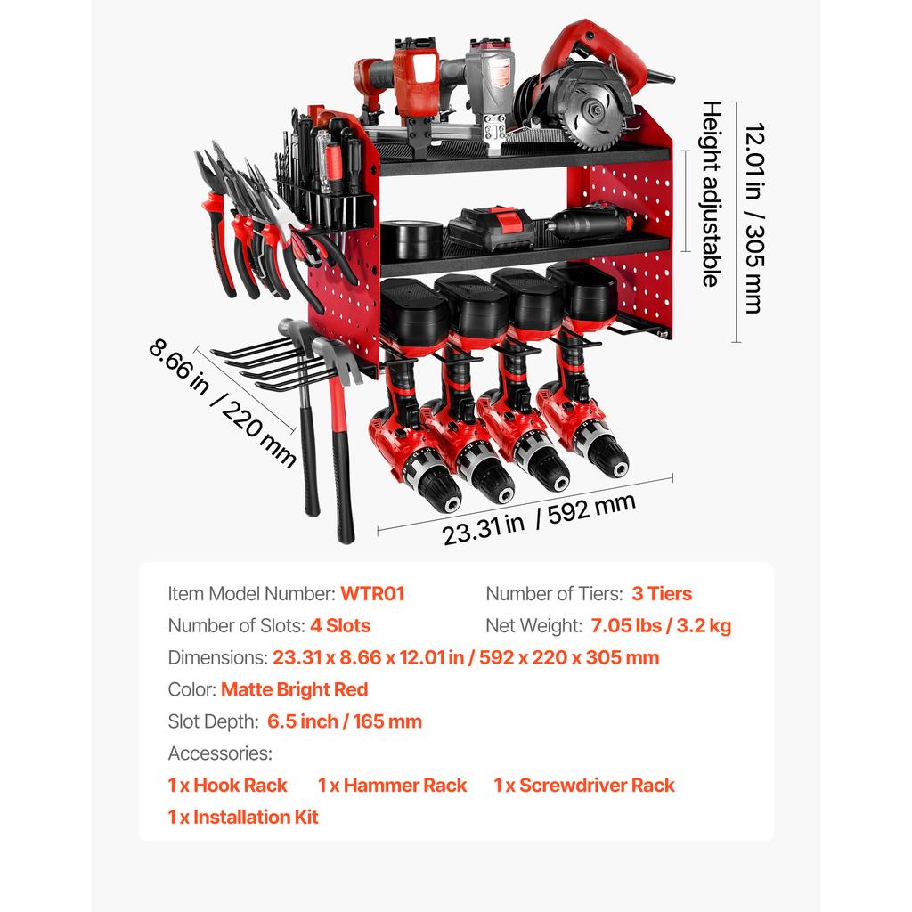 SucceBuy 3-úrovňový nástěnný držák na nářadí Pegboard Nástěnný úložný set nářadí Stojan na ukládání vrtaček/šroubováků pro dílnu/garáž