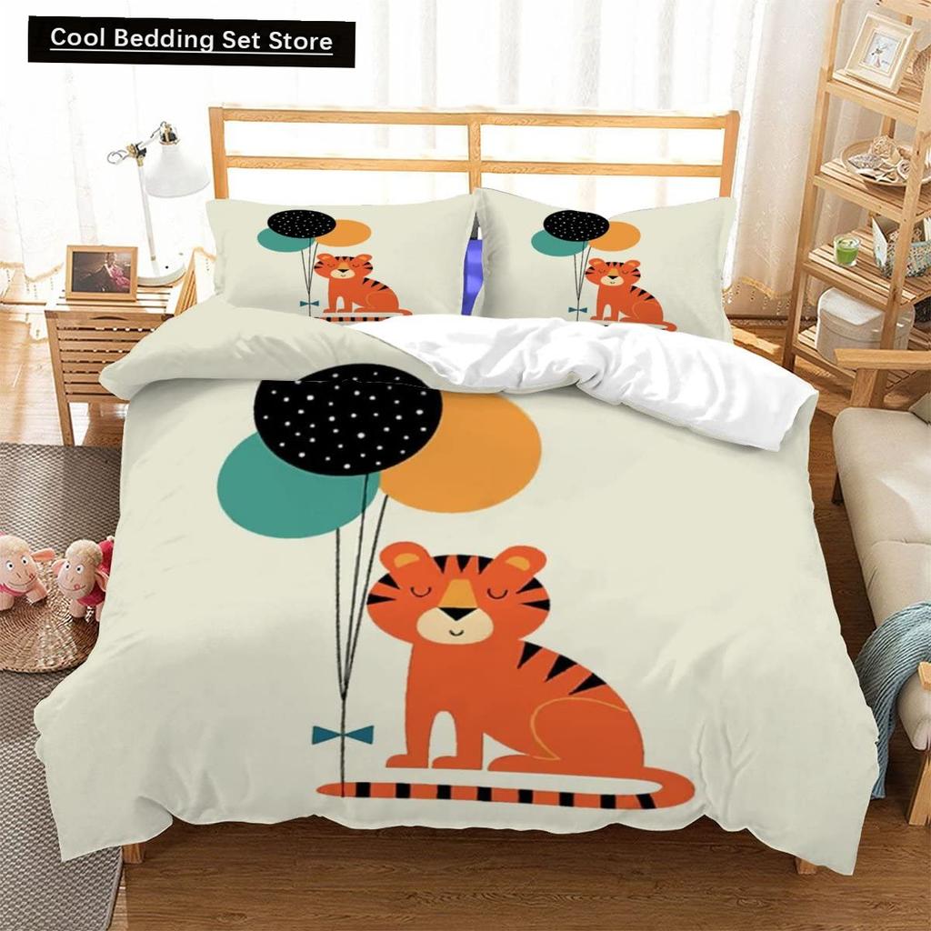 Cartoon Tiger Duvet Cover King Queen Animal Forest Theme Bedding Set for Kids Boys Girls Jungle Wildlife Polyester Quilt Cover