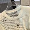 Women's Mesh Hollow Out Knitted Pullover Early Autumn Solid Color Fashion Short Tops Long Sleeve O-neck Casual Sweater