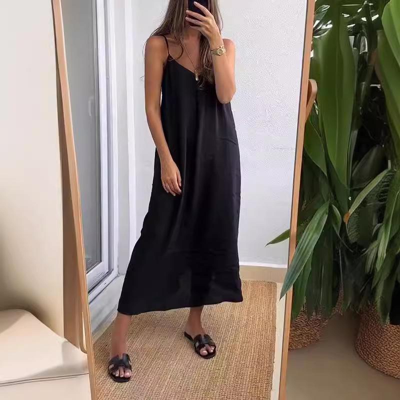 

Летние женские свободные платья на тонких бретелях Женские однотонные с V-образным вырезом Повседневные для работы Без рукавов Длинное платье Женские Vestidos XXXL чёрный