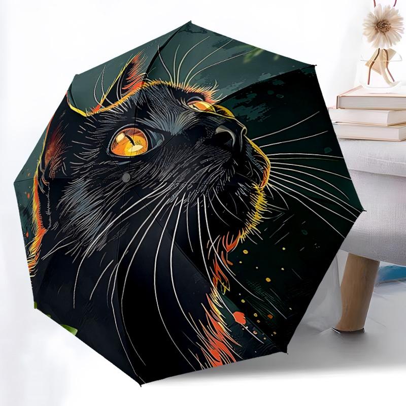 1pc Black Cat Automatic Folding Umbrella - 8-Rib Compact Travel Umbrella Durable & Portable for Outdoor Use, Perfect Gift for Birthdays003
