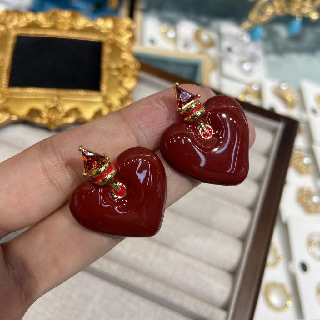 Ankola Red Oil Dripping Love Stud Earrings Women'S Literary Retro Sweet Fashion Personality Temperament Versatile Earrings Earrings