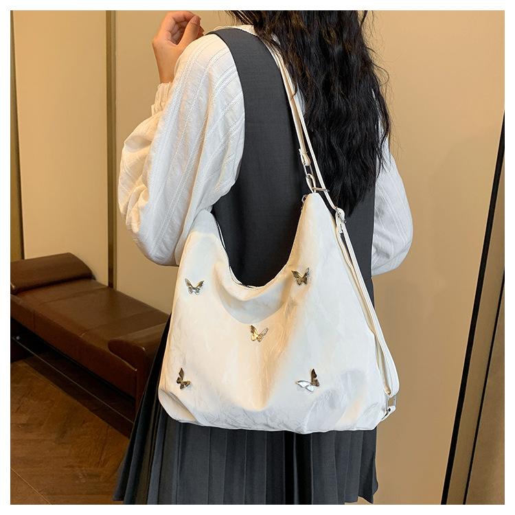 Women's Faux Leather Large Capacity Shoulder Bag, Soft Single Strap Crossbody Purse, Butterfly Decorated Commuter Tote with Zipper Closure