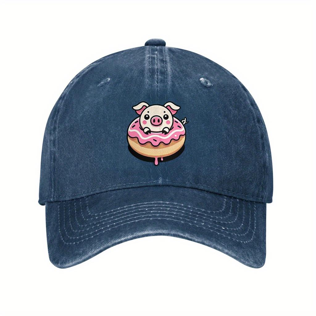 Cute Pig in Donut Graphic Baseball Cap Cotton Adjustable Dad Hat Casual Sun Protection Unisex