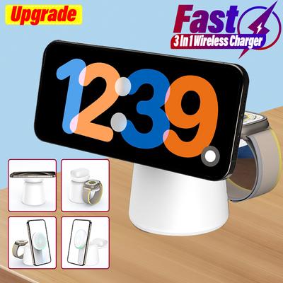 3 In 1 Magnetic Wireless Charger Stand Foldable for iPhone 15 14 13 12 Pro Max Airpods IWatch 9 8 7 6 Fast Charging Dock Station
