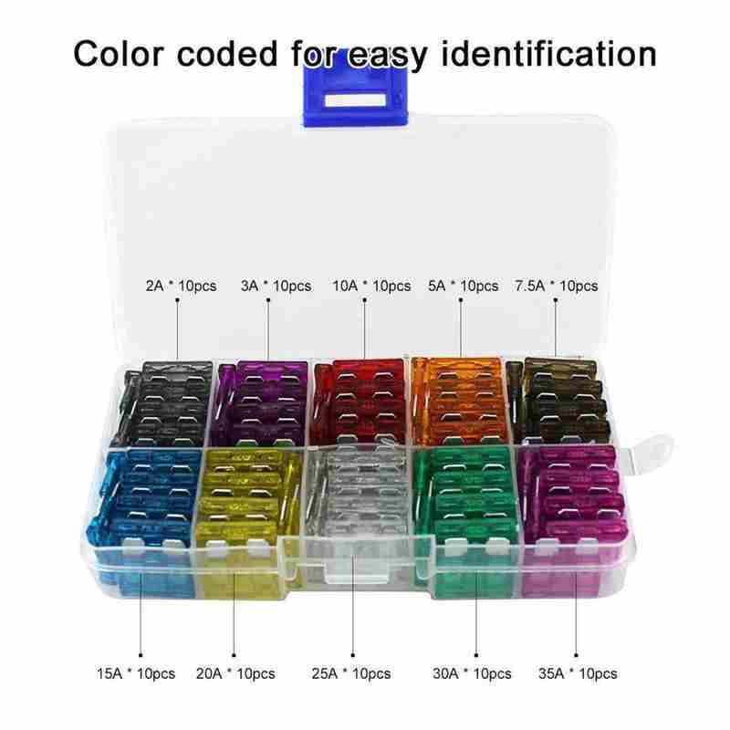 50/100Pcs Car Fuses Kit Assorted Auto Truck Standard Blade Fuse Assortment 2A 3A 5A 7.5A 10A 15A 20A 25A 30A 35A Auto Car Fuse Fuse Holders1