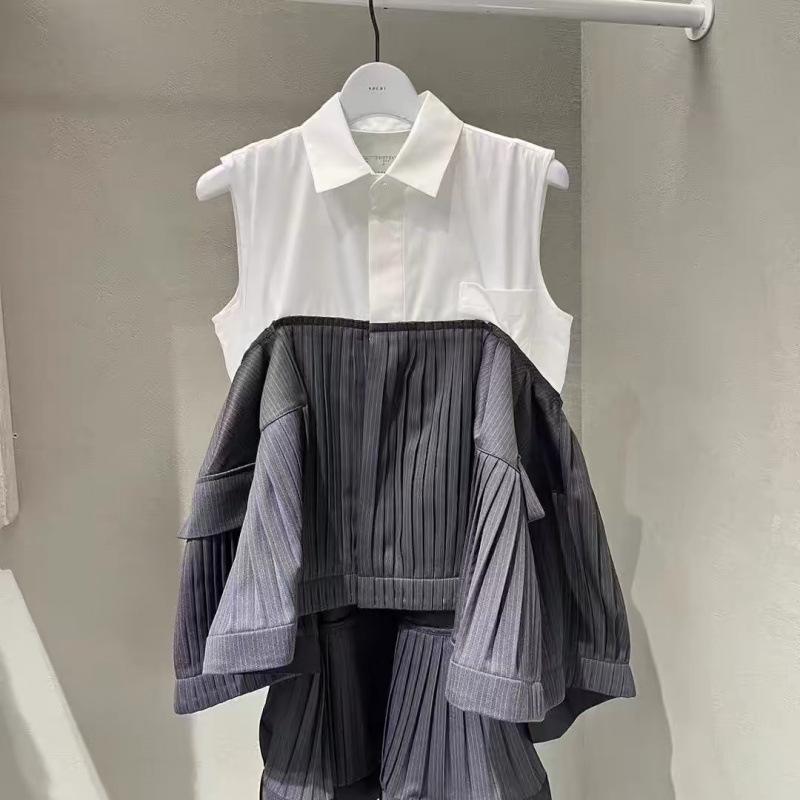 

FOG SACAI 2025 Весна/Лето Женский Топ в Японском Стиле Без Рукавов Пэчворк Деним Лацканы Small белый