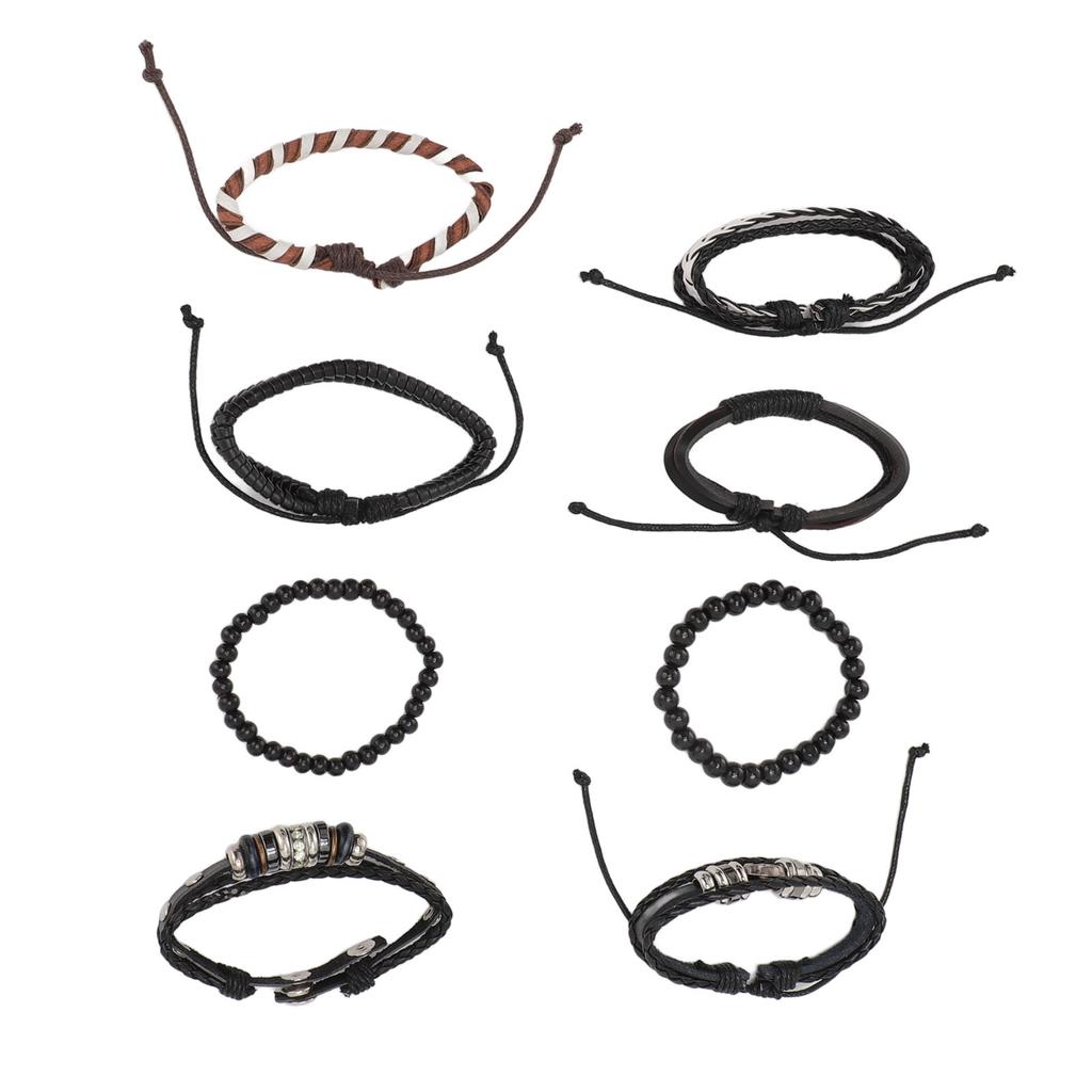 Flerlagrigt flätat armband PU-läder Vintage Universellt Unisex Afrikanskt pärlarmband Svart