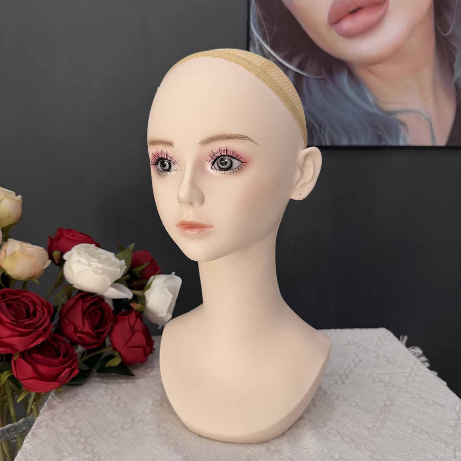 

Female Mannequin Head Bust Display Stand Realistic with Makeup Cap for Headdress Beauty