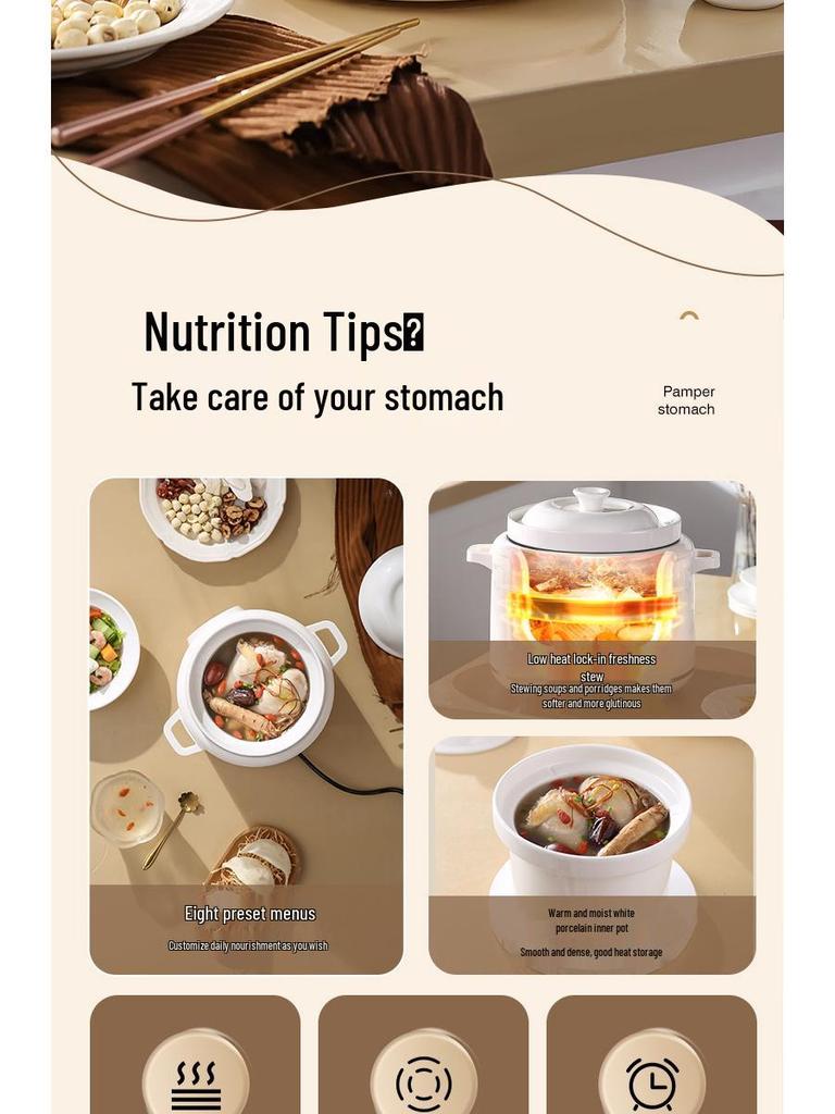 Plně automatický multifunkční elektrický pomalý hrnec s bílým keramickým a fialovým hliněným hrncem