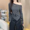 Korean Striped Asymmetric Off-Shoulder Long Sleeve T-Shirt - Women's Early Autumn Waist-Hugging Design