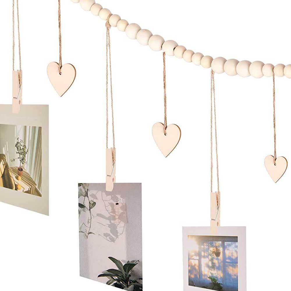 Wall Hanging Picture Holder Wooden Beads Photo Shelf Frame String Rustic Photo Display  Living Room