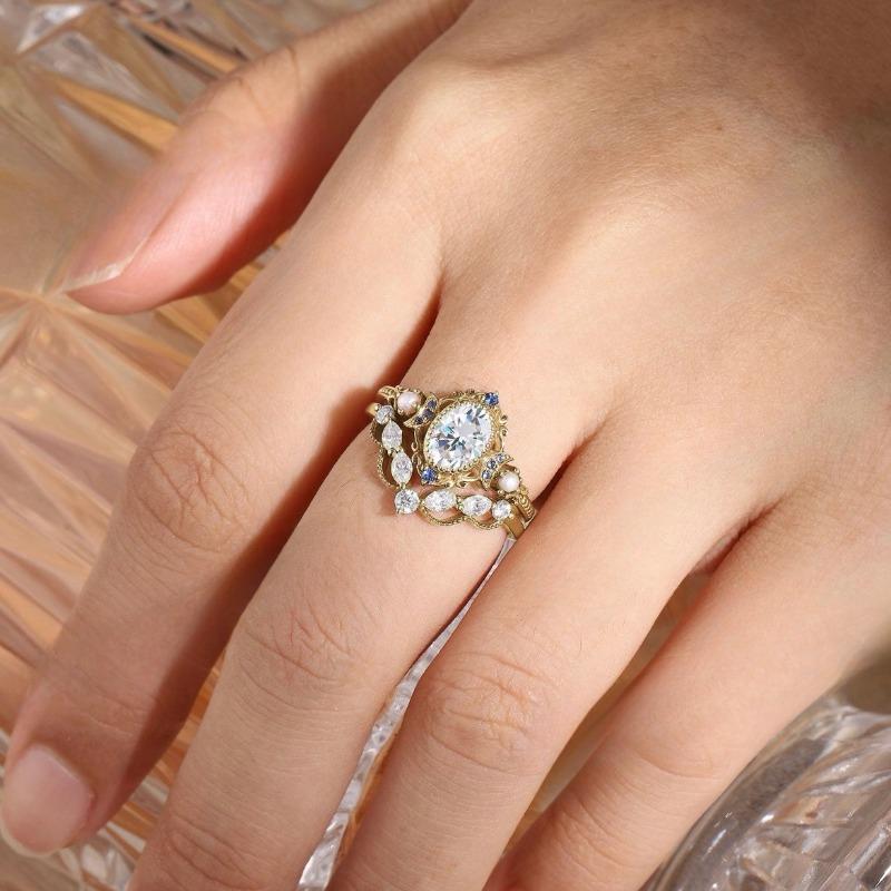 Delicate Women Rings Gold Color Round Moon White Stone Rings Party Set Accessories Gift