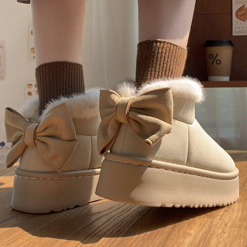 Bow Chunky Snow Boots for Women Plush Round Toe Woman Shoes Winter Kawaii Ankle 2025 Novelty Furry Trend Fashion Padded Footwear