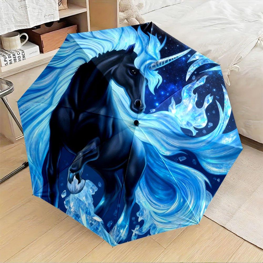 

1pc Automatic Umbrella with Blue Unicorn & Starry Design - Automatic Opening/ Closing, 8-Rib Portable Collapsible Canopy, Magi (as the picture,Iron&8K)
