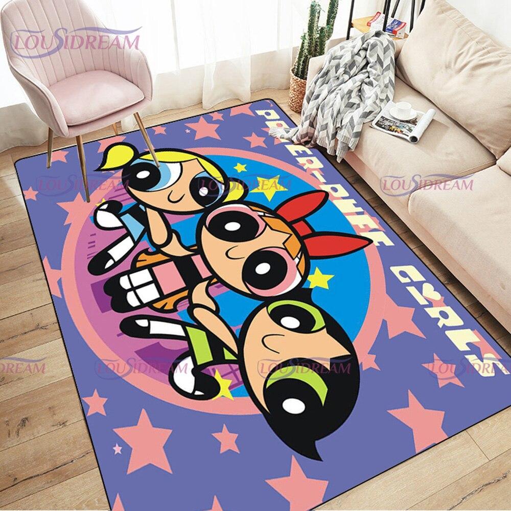 Alfombra de dibujos animados con estampado de Chicas Superpoderosas, decoración para sala de estar y dormitorio, alfombra antideslizante para baño, felpudo para suelo en el pasillo