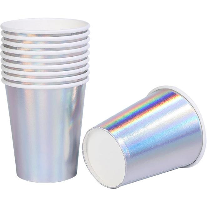 Iridescent Paper Cups 9 oz [50 pack] Disposable Coffee Cup Hot Cold Drinks Tea Water Milk Juice Beverages Holographic Rainbow Party Decorations for