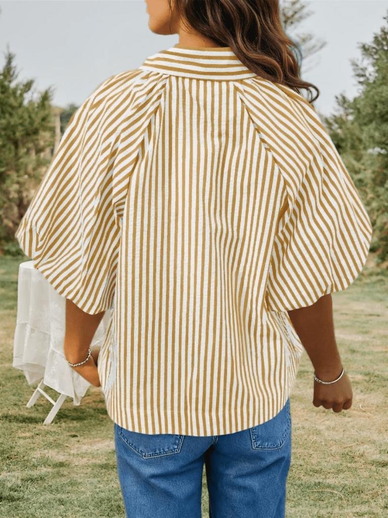 Blusa de Mujer Rayada con Mangas Abullonadas, Cuello en V, Cuello Camisero, Botones, Top Holgado