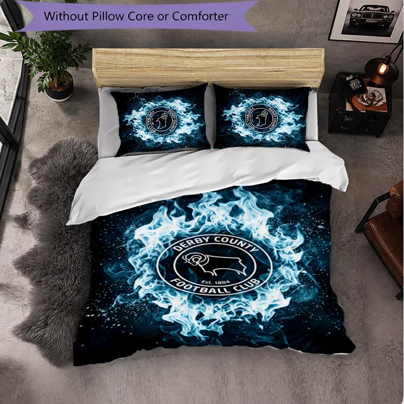 Derby County Football 3-teiliges Bettwäsche-Set Weiches Bettbezug-Set mit Kissenbezügen Bedrucktes Schlafzimmer-Deko-Set für Zuhause