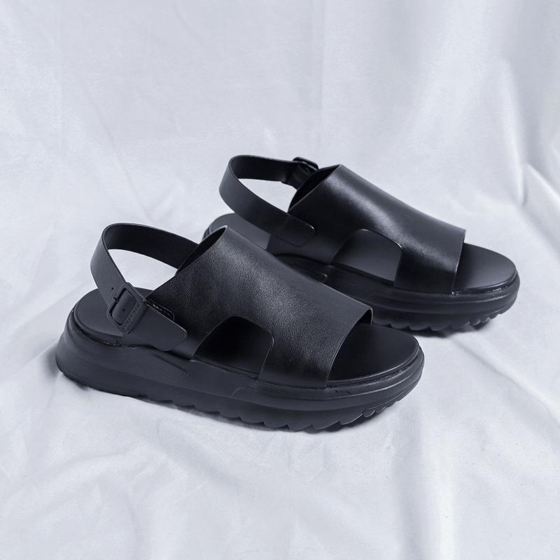 Fashion Men Sandals Summer 2025 New Casual Leather Outdoor Walking Shoes Non-slip Open-toe Platform Sandals Comfy Soft Roman Slides
