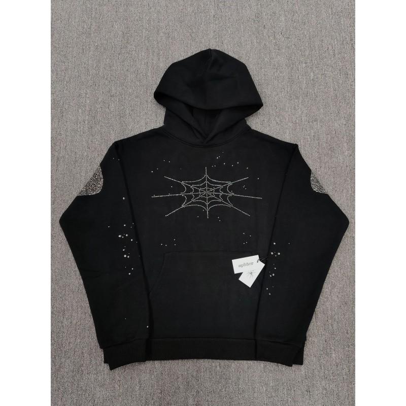 Mens Oversized Hoodie With Spider Web Print Rhinestone Embellishment Cotton Pullover Sweatshirt