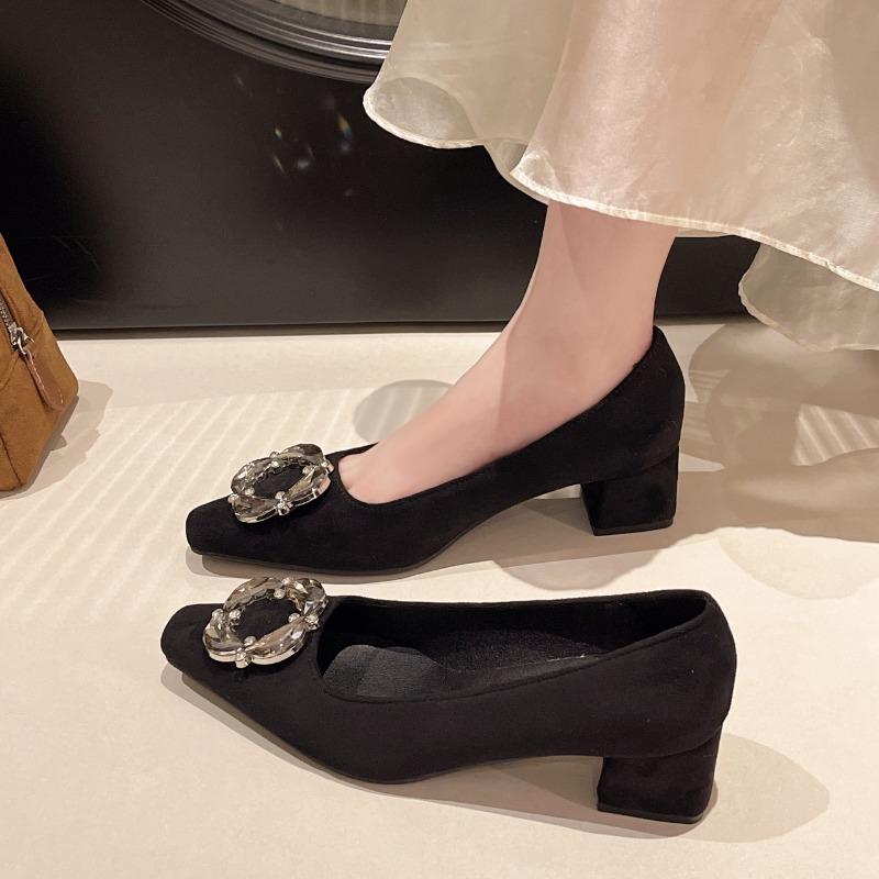 Square-toed Women's Singles Shoes  Spring and Autumn Frosted New Shallow French Rhinestone Temperament