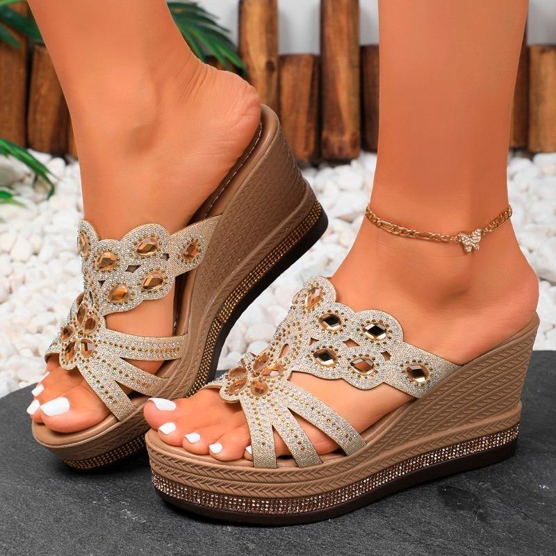 Fashion Women's Slope Heel Slippers Summer New Round Head Open Toe Hollow Thick Sole Non-slip High-heeled Sandals