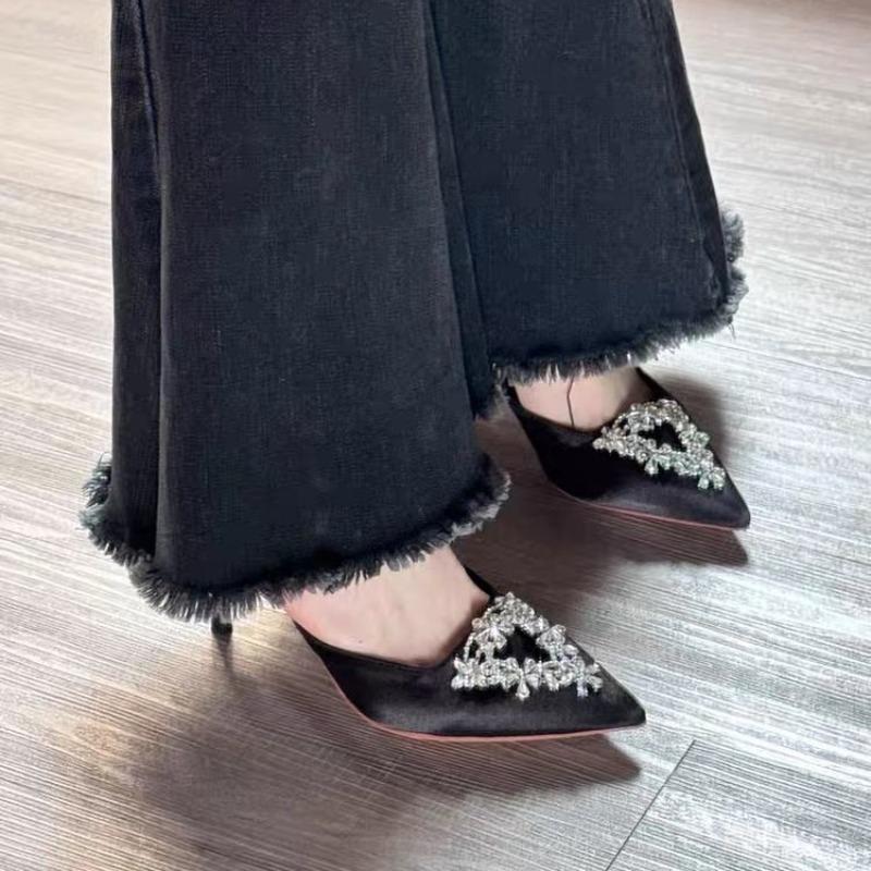 High Heels Spring and Summer Pointed Head Baotou Rhinestone Niche Temperament Thin Heels Beautiful Empty Slippers Are Not Tired