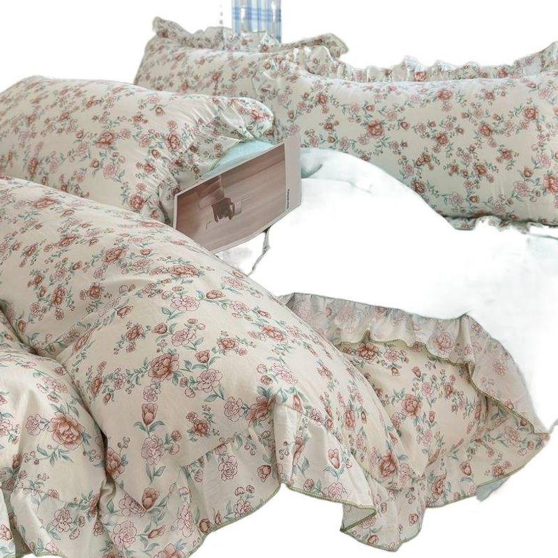 Ultra-Soft Double Layer Gauze Princess Style Bed Set: 4-Piece Lace Set with Bed Sheet, Duvet Cover, and Fitted Sheet