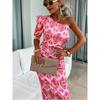 Fashion Elegant Summer New European and American Sexy off-the-Shoulder Print Oblique Collar Back Slit Short Sleeve Dress Women Dress