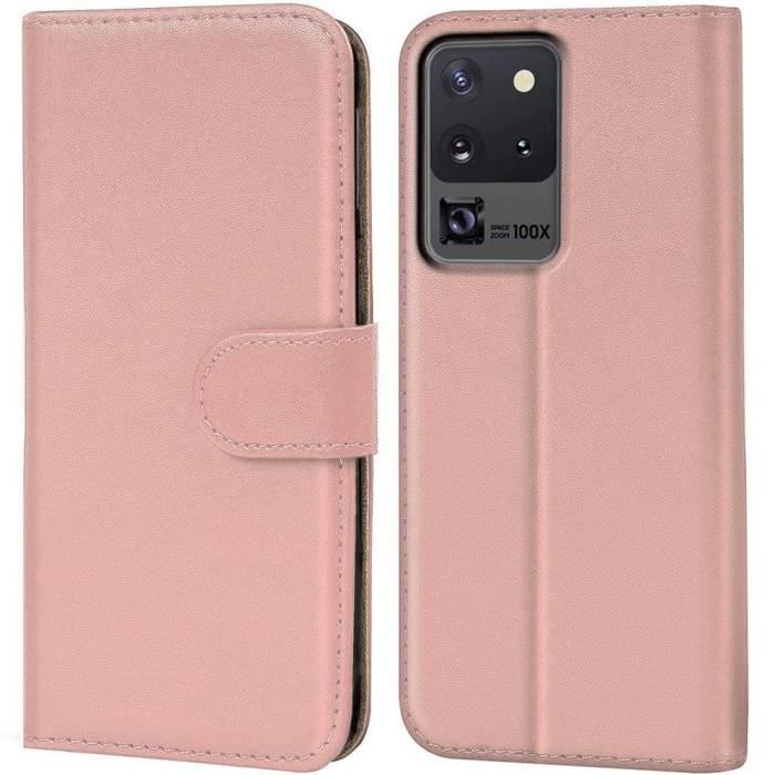 Coque de protection - BOOLING - pour Samsung Galaxy S20 Ultra - Rose - Effet cuir - Portefeuille avec cartes