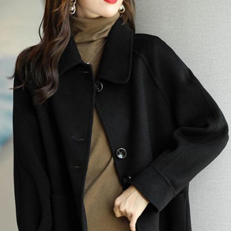 Winter Coat Women Thermal Overcoat Turn Down Collar Long Sleeves Loose Fit Cardigan Single Breasted Pure Color Pockets Commuting Dating Winter Jacket