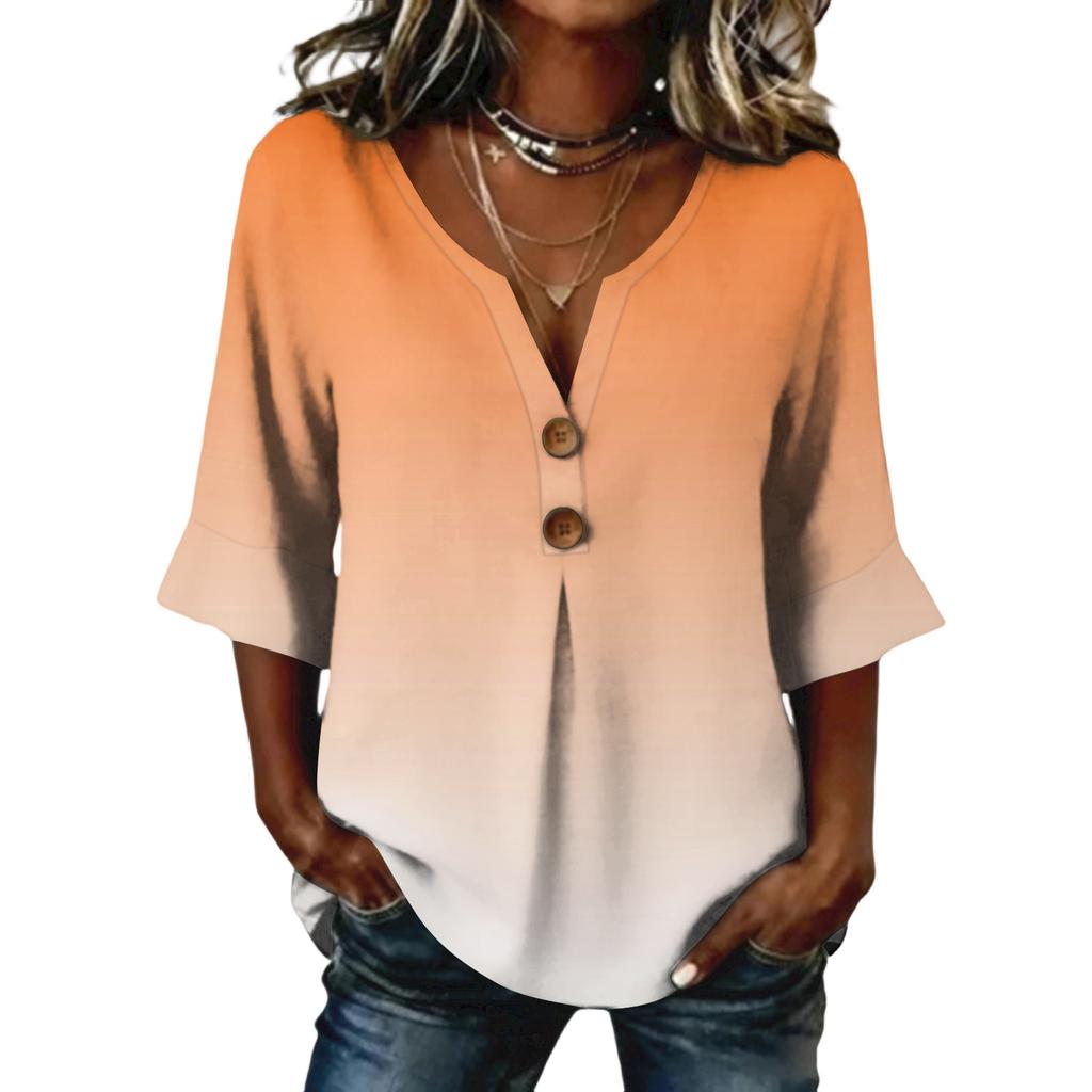 Ladies' gradient printed button casual V-neck fashionable seven quarter sleeve top