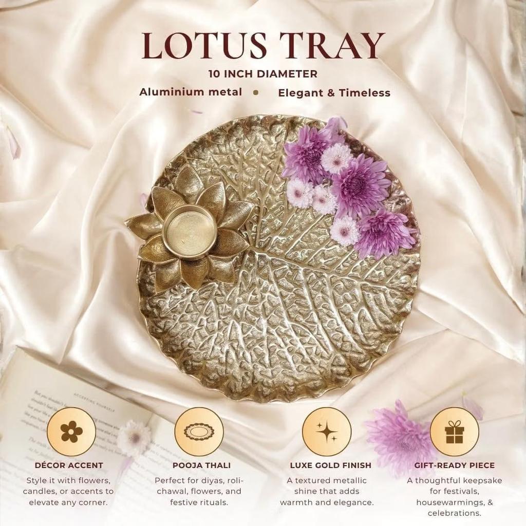Golden Metal Lotus Pooja Thali with Tea-Light Holder, 25.5cm