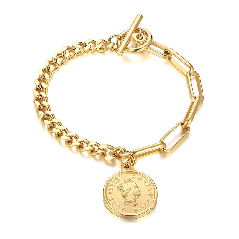 

Elizabeth Medallion Queen Coin Bracelet Charm Taggle Clasps Stainless Steel Rectangle Chain with Curb link Chunky Bracelet