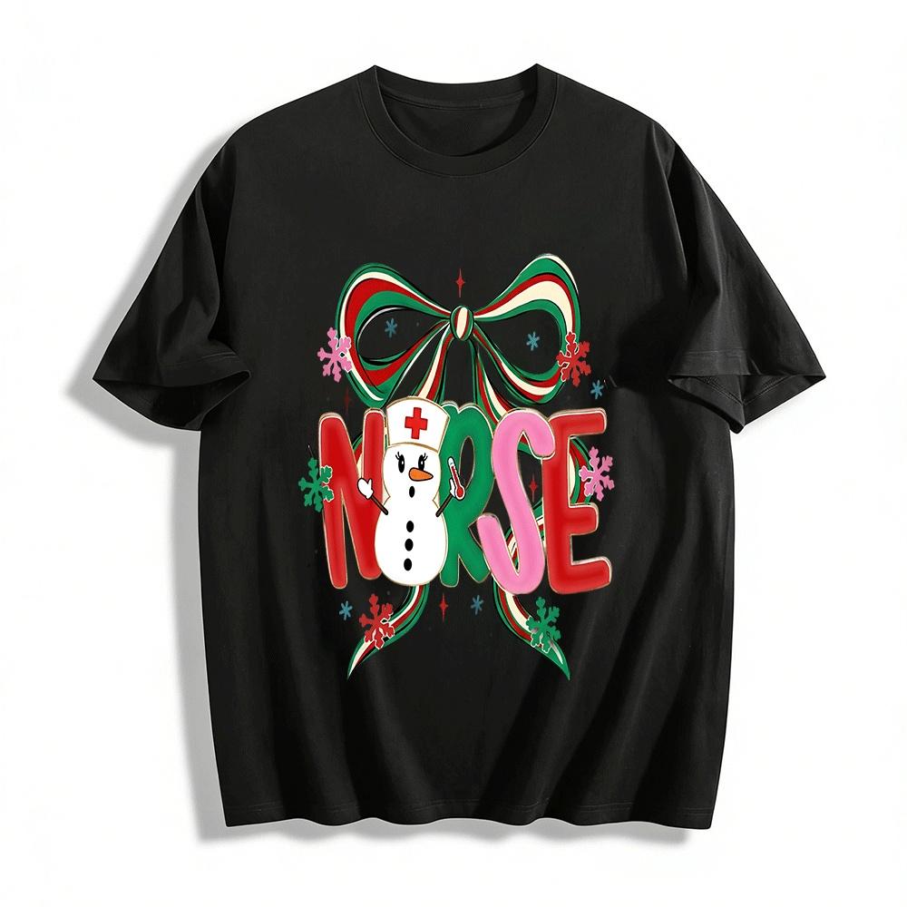 

Christmas Snowman Nurse Print Top Festive Healthcare Worker Tee Pure cotton T-shirt XXS
