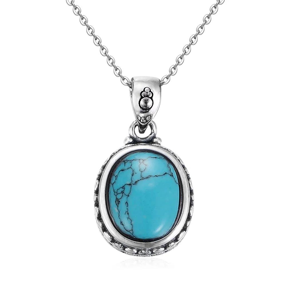Classic Blue Sandstone Vintage Necklace S Silver Oval Pendant Necklace for Women Fine  Gifts Wholesale