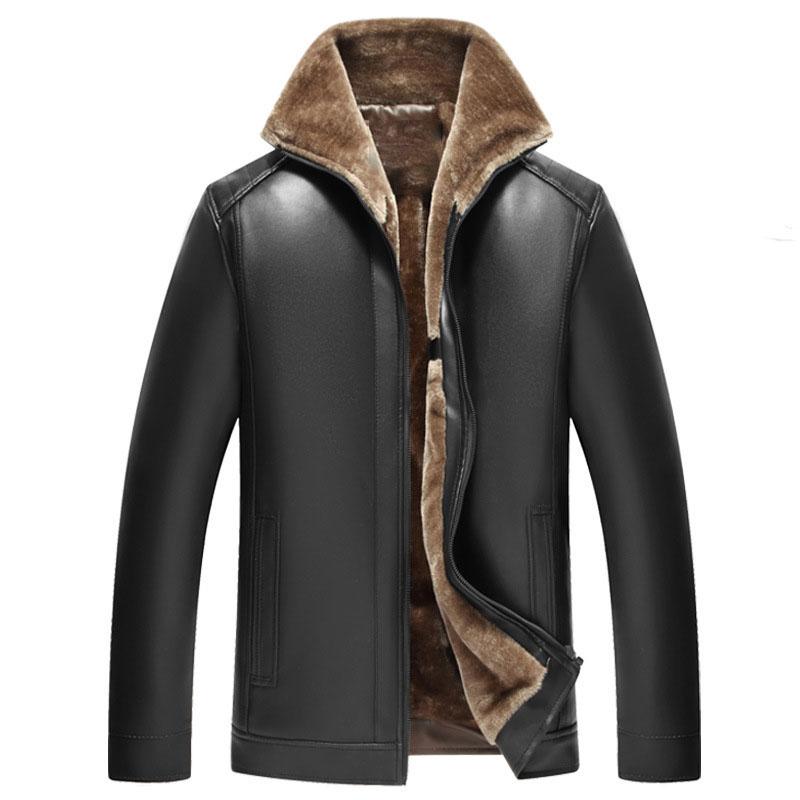 Winter Men's Plus Velvet Padded PU Faux Leather Jacket Fashion Lapel Fleece Warm Long Sleeve Zipper Coat Casual Fashion Trench Coat