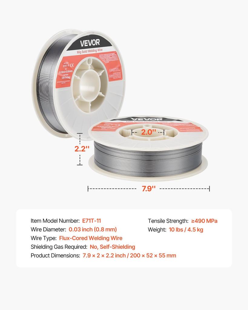 Flux Core MIG Welding Wire, E71T-11 0.8mm 4.5kg, Gasless Mild Steel Welding Wire with Low Spatter for All Position Arc Welding, Self-Shielded for