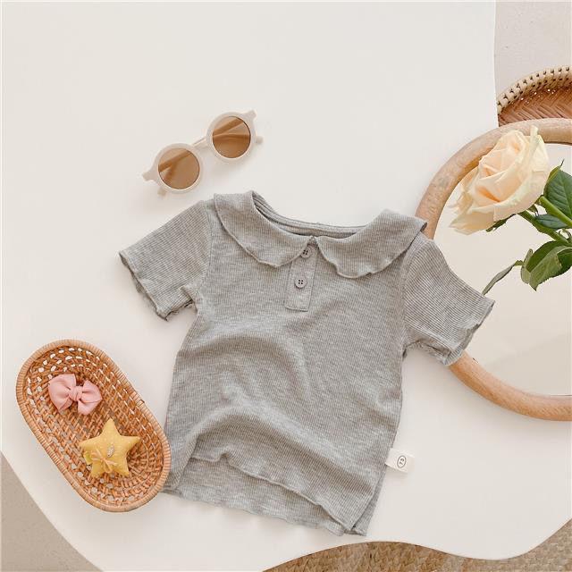 Summer Girls' Ice Silk Peter Pan Collar Short Sleeve T-Shirt – Solid Color, Thin Style, Versatile Children's Top.